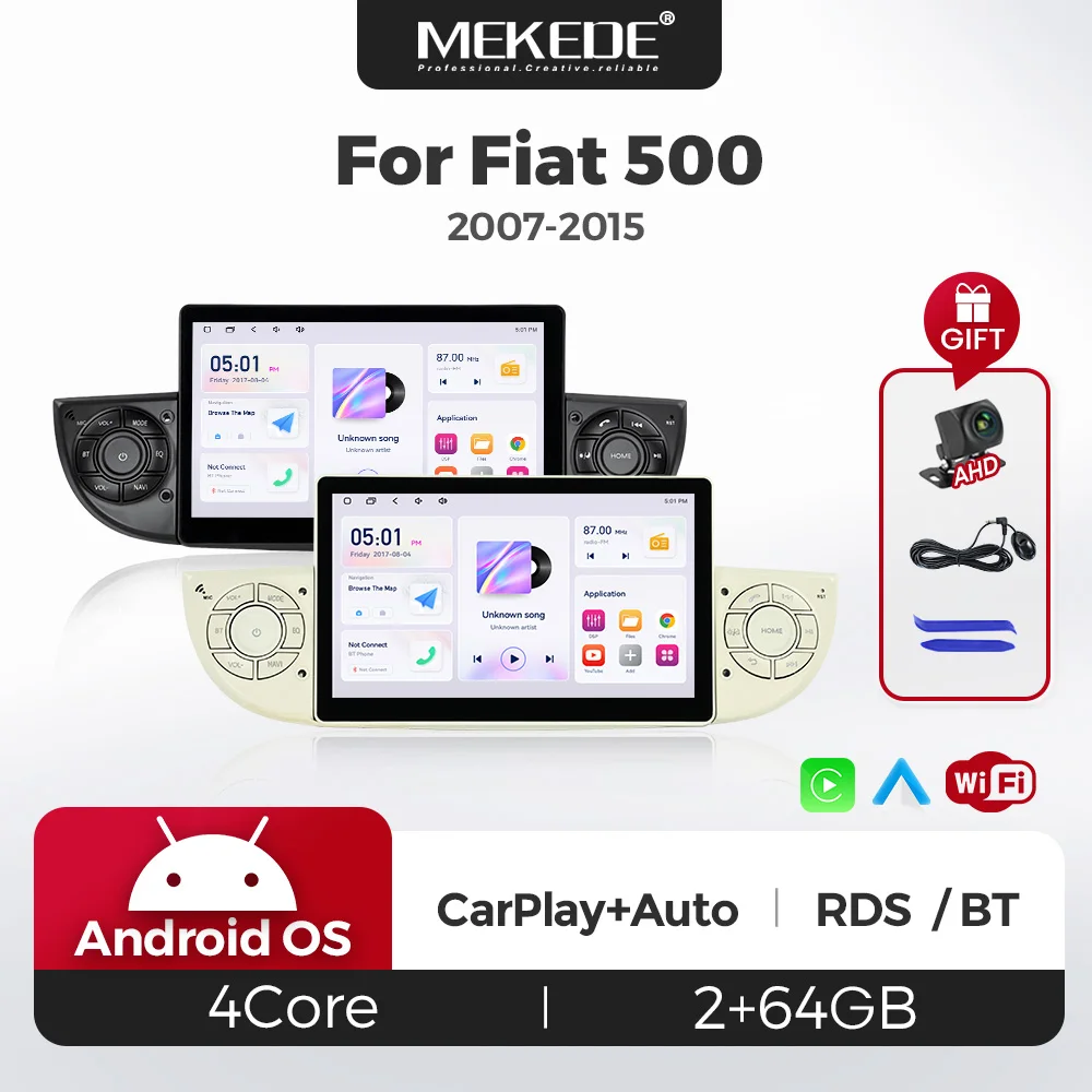 MEKEDE Radio de coche inalámbrica CarPlay/Android Auto de 7 pulgadas para Fiat 500/500C (2007–2015) – Sistema multimedia inteligente, reproductor de vídeo estéreo, unidad principal con navegación GPS, 1 DIN, 64 GB 1
