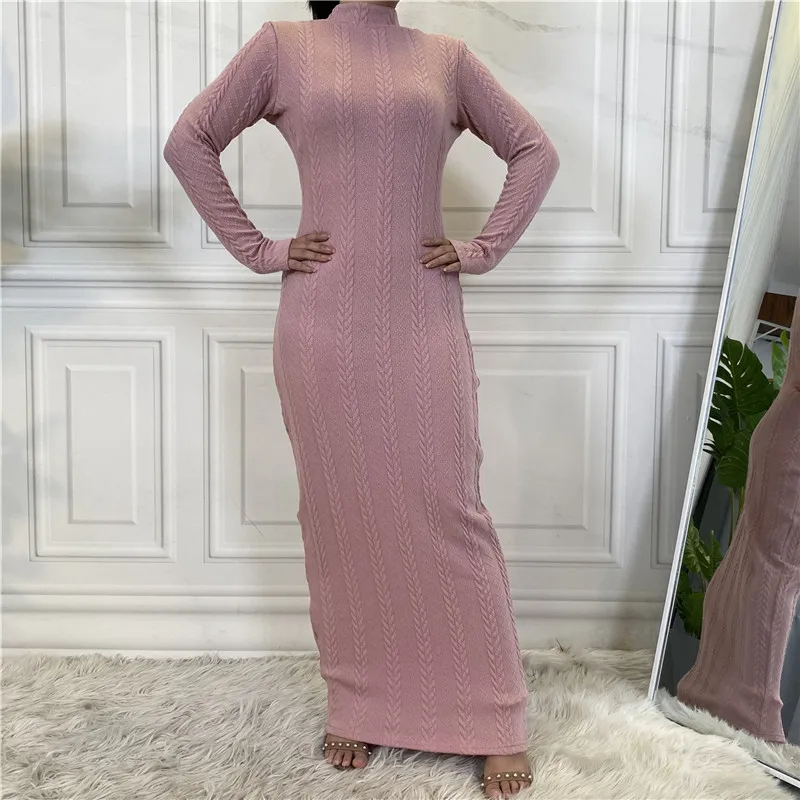 2023 Muslim Abayat Solid Color Knitting Sweater Bottoming Women's Dress Long Sleeve Medium High Collar Robe Femme Musulman