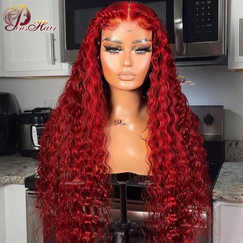 Red Lace Front Human Hai Wigs 13x4 Burgundy 99j Deep Wave Lace Frontal