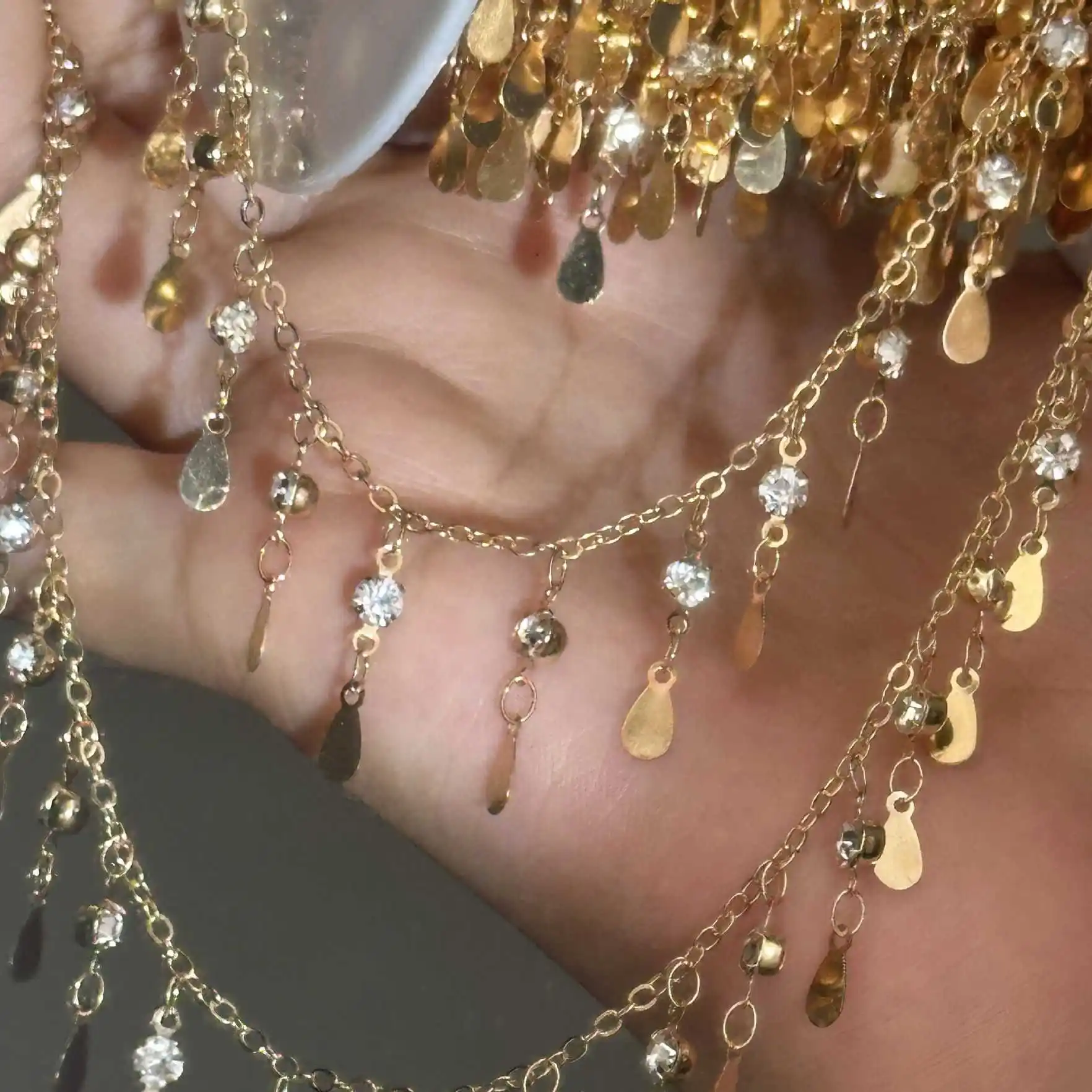 Rhinestone Pendant Copper Chain with Crystal Droplet Charms for DIY Necklace Crafting