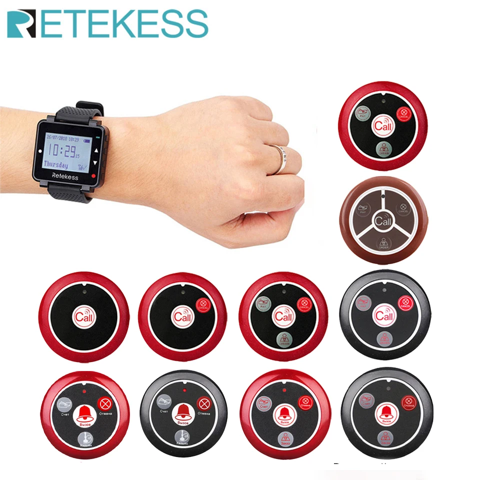 Retekess T128 Restaurant Pager Wireless Waiter Calling System Watch Receiver + 10pcs T117 Call Button For Cafe Clinic Dentist
