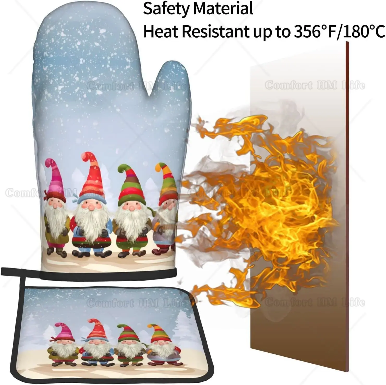 Heat Resistant Oven Mitt and Pot Holders 2 Piece Set Christmas Winter Gnomes Cotton Lining Non-Slip Kitchen BBQ Oven Gloves