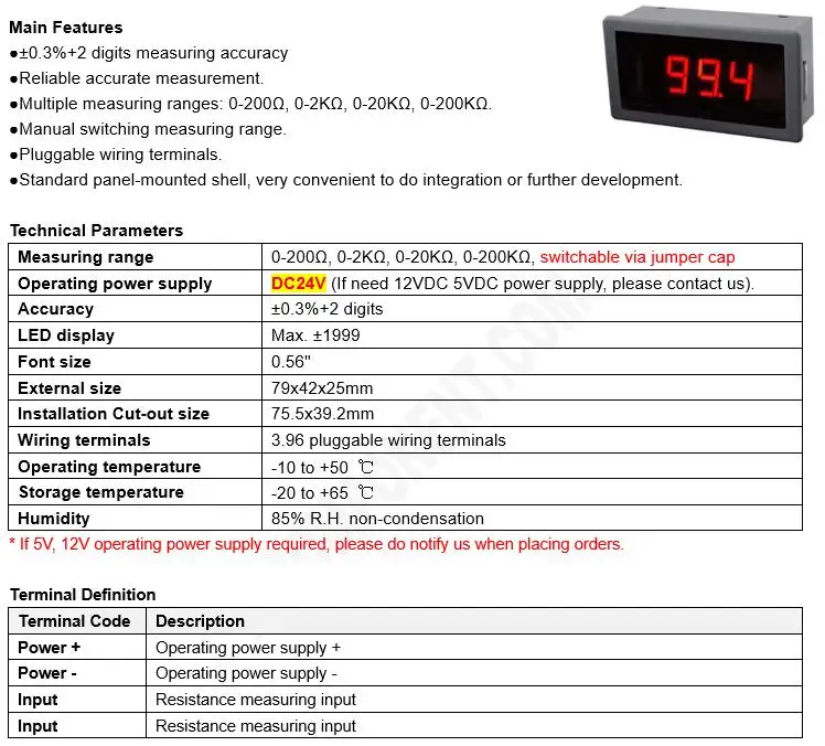 0-200Ohm Resistance Meter 2K 20K 200K Measuring Ohm Meter Impedanc Tester Panel-mount Resistance Indicator 24VDC Power