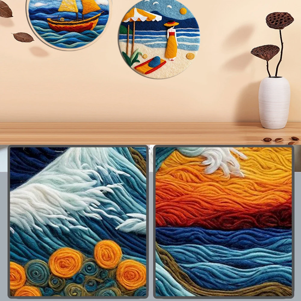 PhotoWool Felt Painting With Embroidery Creative Seascape Painting Handmade DIY Wool Frame Needle Decor New