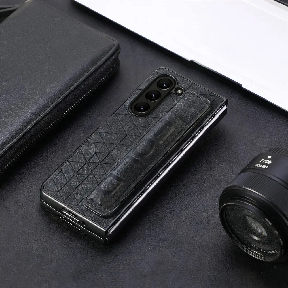 Wrist Strap PU Leather Cover for Samsung Galaxy Z Fold 6 5 4 3 5G Hard PC Phone Case with S Pen Holder & Finger Grip(no Pen) | Gaffar India