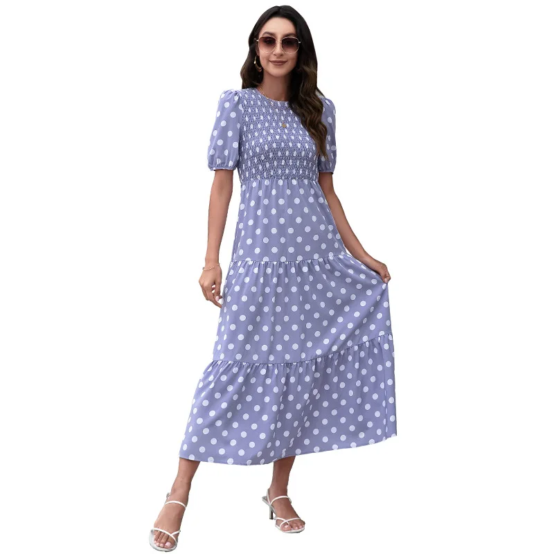 

Summer Round Neck Puff Sleeve Smocked Bodice Keyhole Back Tiered Skirt Polka Dot A-Line Midi Dress