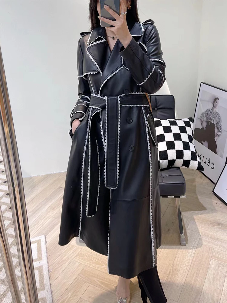 

European Women Leather Trench Coat 2023 Winter Suit Collar Lace Tie Edge Double Breast Belt Lambskin Overcoat Long Manteau Femme