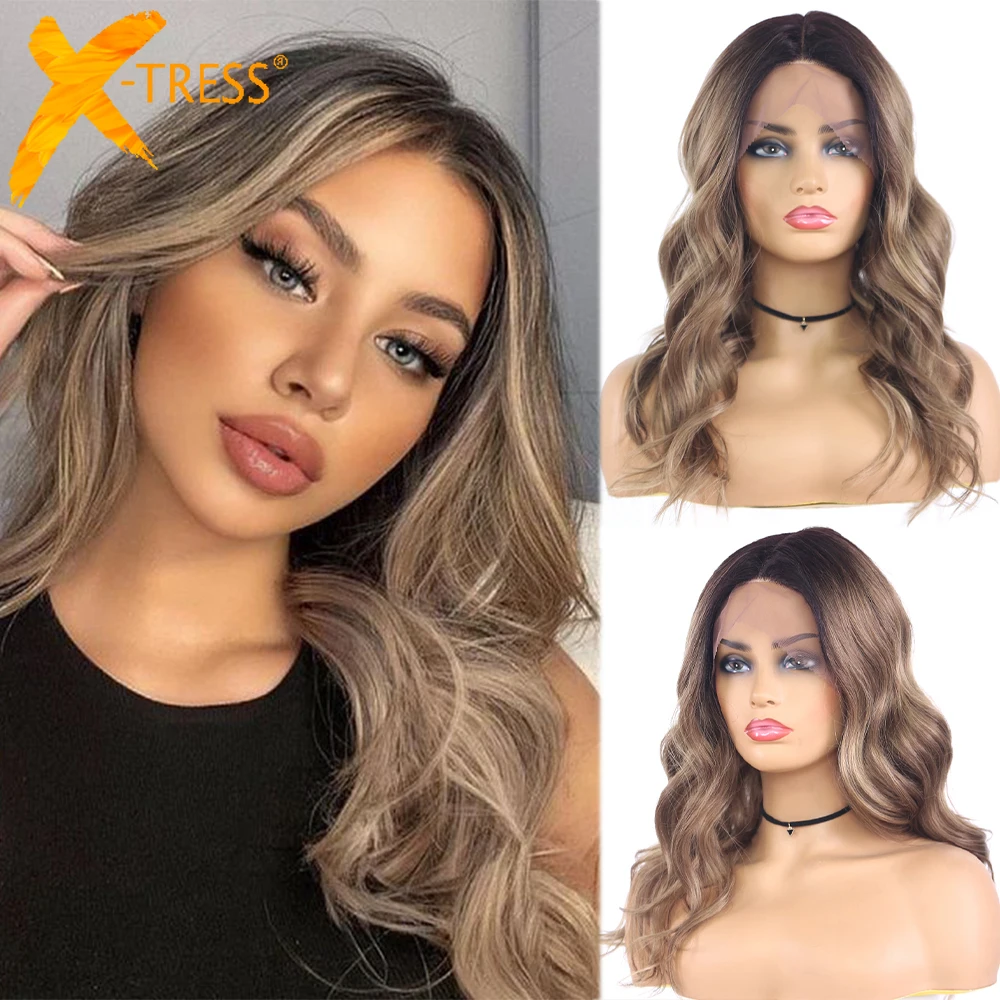 Ombre Brown Natural Wave Synthetic Lace Front Wigs For Women Black Blonde Shoulder Length Heat Resistant Middle Part Wig X-TRESS