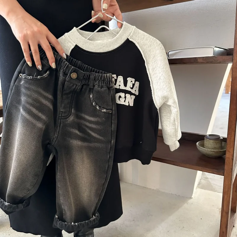 

Children's Jeans 2023 Winter New Boys and Girls Distressed Thick Jeans Babies' Trousers