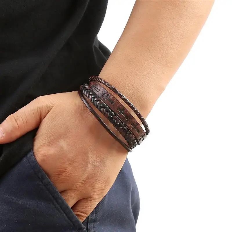 Leather Bracelet Men Cross Vintage Handwoven Hip-Hop Punk Jewelry Gift