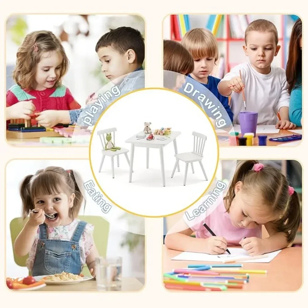 Windsor Kids Table and 2 Chair Set, Rubberwood Toddler Table and Chair Set for Art, Play, Craft, Activity, Children Table，White 4