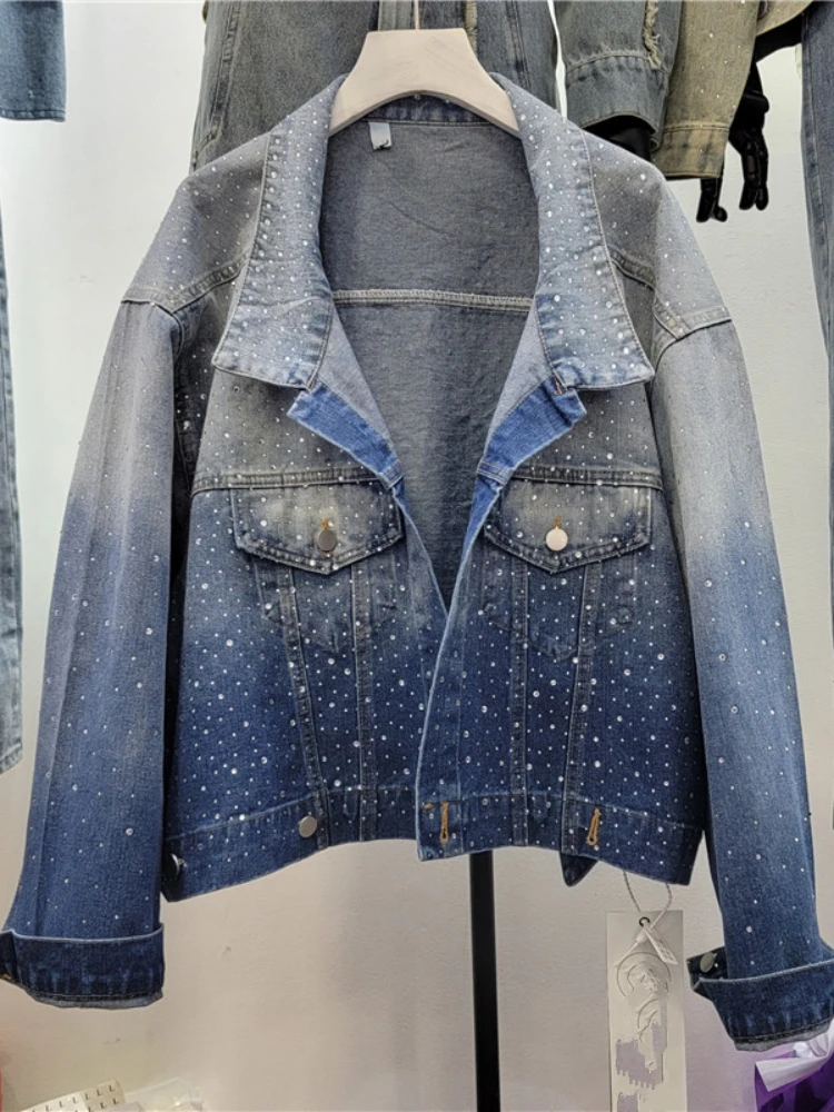 european-loose-women-rhinestone-gradient-batwing-sleeve-short-denim-coat-2023-spring-new-women's-fashion-cropped-denim-jacket