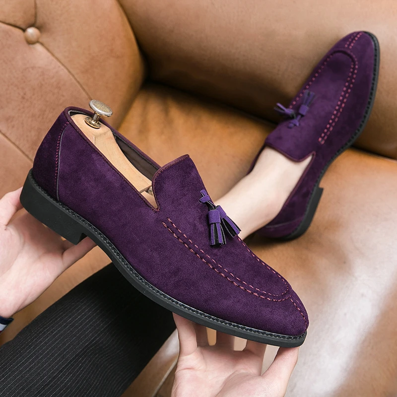 

Men's Loafers Brand Suede Leather Shoes Vintage Slip-on Classic Casual Men Driving Shoes Wedding Male Dress Shoes Tassel Pointed