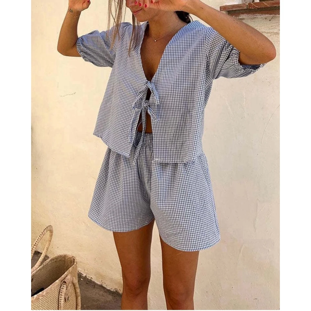 2 Pieces Shorts Sets for Women Summer Plaid Print Short Sleeve Lace-up Blouse Elastic Waist Shorts Set Casual Suits Outfit Women