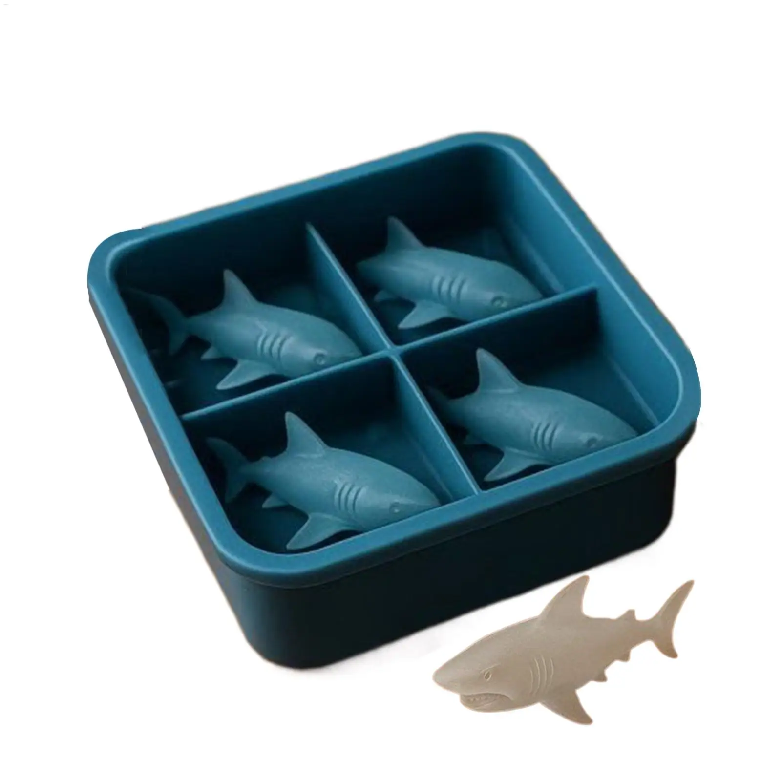 3D Silicone Whiskey Ice Cube Mold 4 Grids Cute Shark Shaped Ice making Mold Shaper Easy Release Reusable Silicone Ice Cube Mold