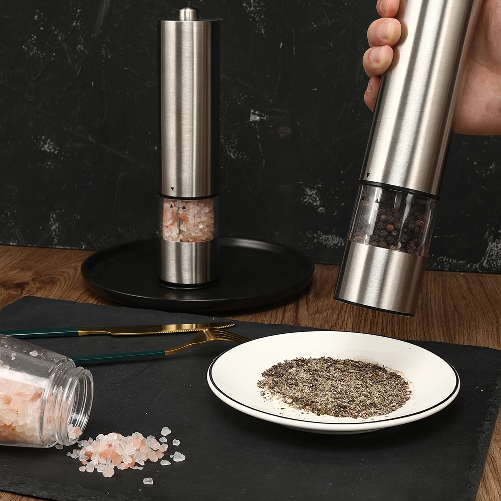 Electric Pepper Mill with Portable Stand Stainless Steel Spice Grain Seasoning Grinder with Led Light Kitchen Grinding Tool