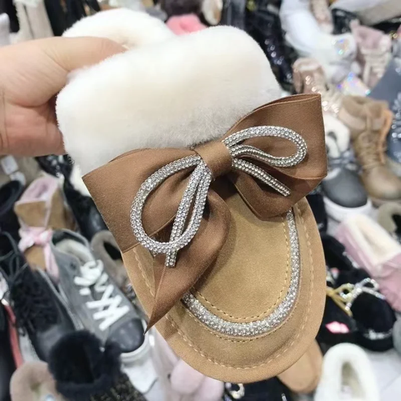 

Women's Snow Boots 100% Wool Fleece Warm Shoes Fashion Bow Anti-slip Fur Design Ankle Boots Plus Size 2023 Winter Women's Boots