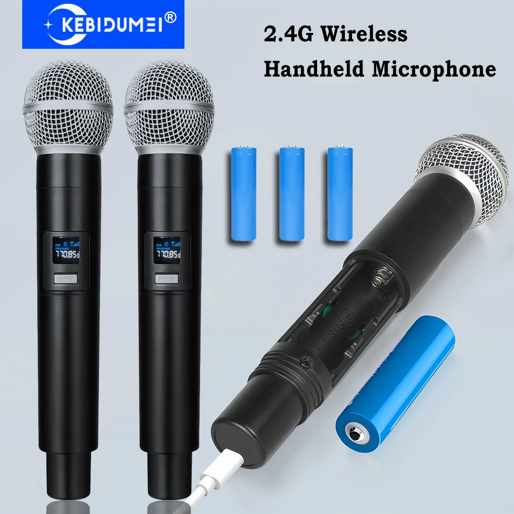2.4G 무선 마이크 2 채널 UHF 핸드 헬드 마이크 마이크 가라오케 라이브 웨딩 파티 회의용 충전식 마이크 2.4G Wireless Microphone 2 Channels UHF Handheld Microphone Mic Rechargeable Microphone