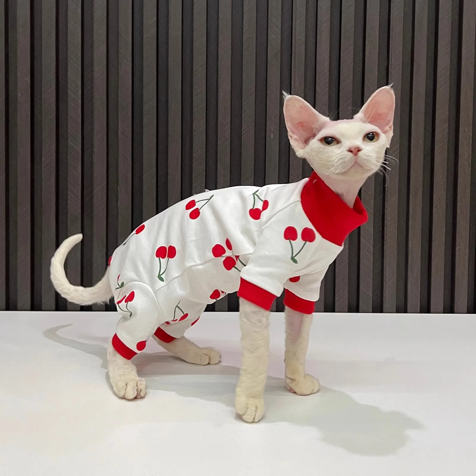 Spring Autumn Cat Clothes for Cats Cherry Print Sphynx Hairless Cat Jumpsuit Turtleneck Full Coverage Kitten Cat Pajamas Onesies