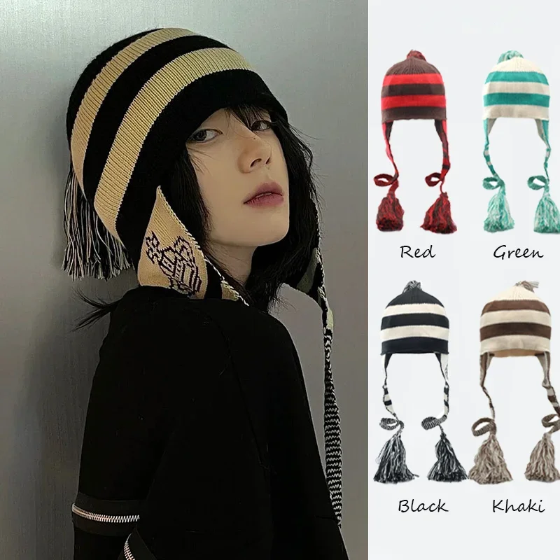 

Parent-child Knitted Wool Hat Striped Tassel Ear Protection Braid Hat Children's Lei Feng Hat Women's Winter Brimless Beanie Hat