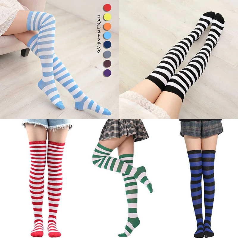 3 Paia Di Calzini Alti Da Donna Sopra Il Ginocchio – A Righe Multicolore – Perfetti Per Cosplay, Halloween E Natale