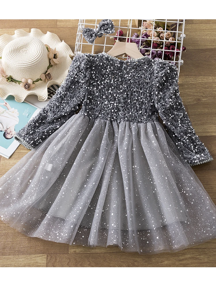 

Sequin Girls Princess Party Dresses for 3-8 Yrs Kids Birthday Wedding Evening Prom Gown Spring Fall Long Sleeve Children's Dress