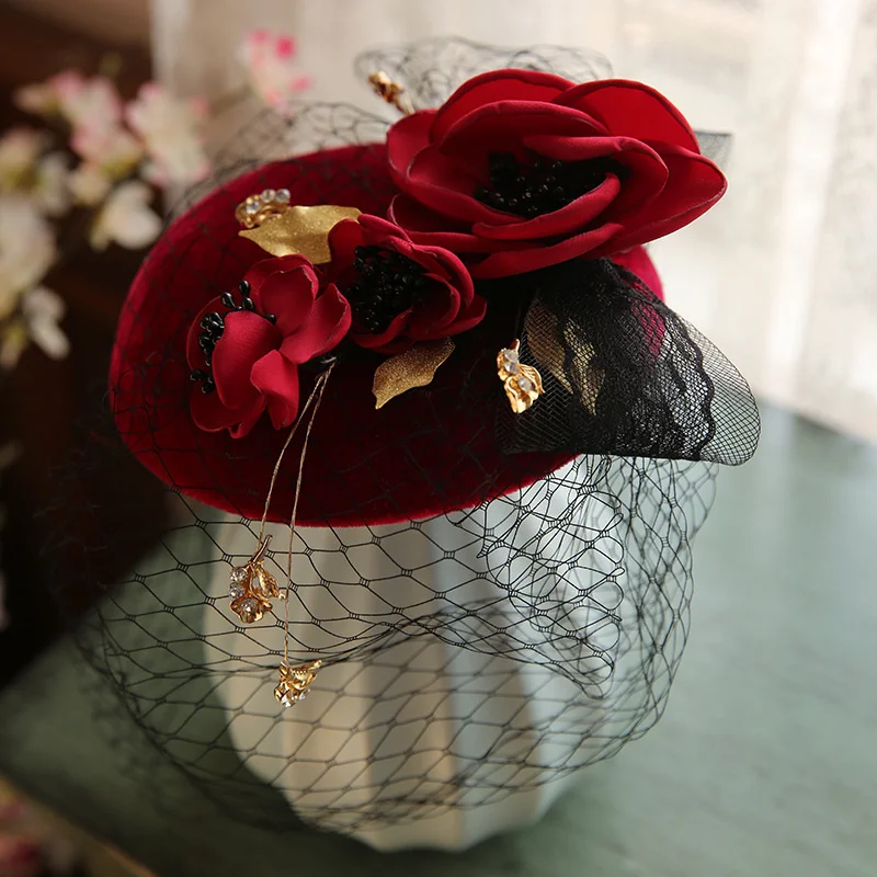 Women Wool Fascinator Hat With Rhinestone and Flower Decoration Banquet Wedding Party Bridal Hats Photo Accessories pumpkin carriage box enameled trinket box rhinestone jewelry box womens jewelry sets home decoration silver