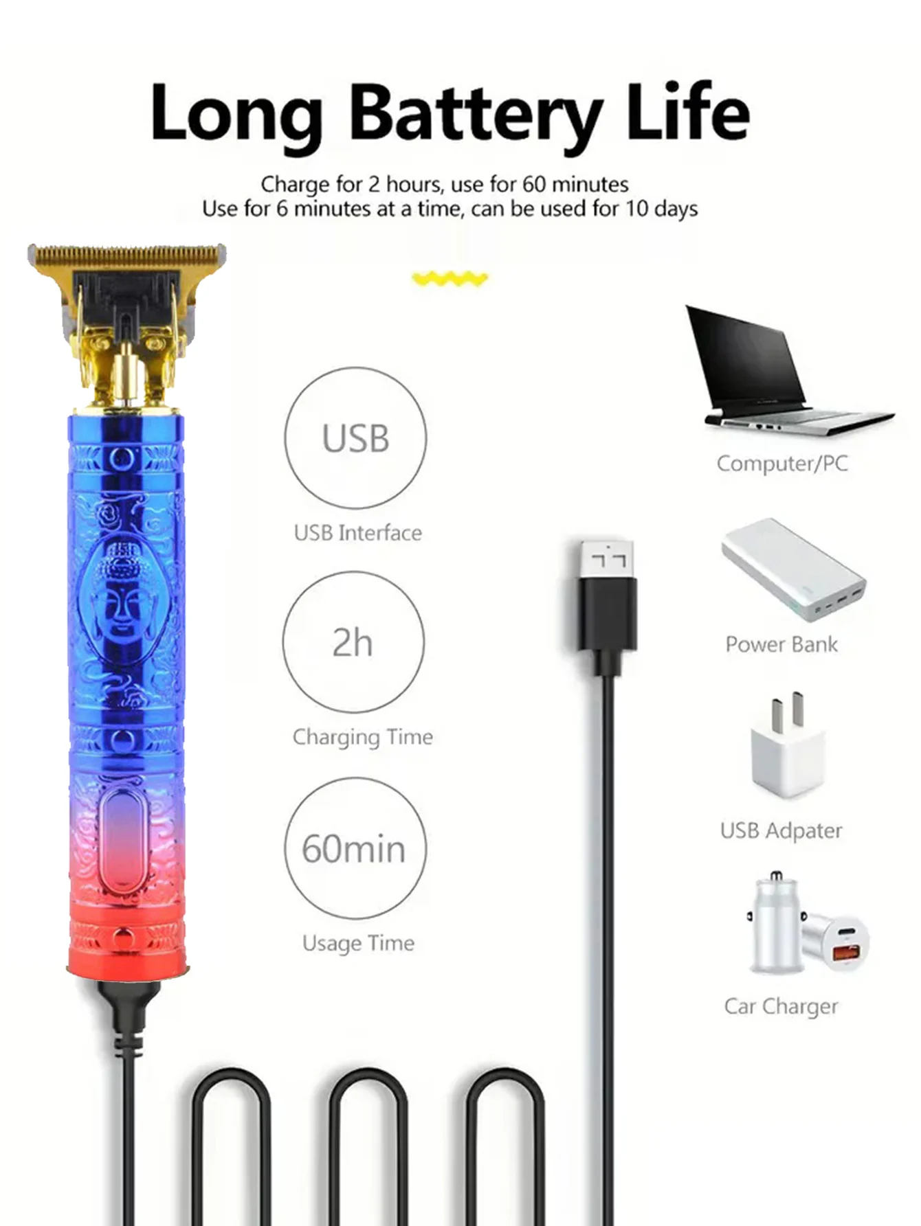 Description Picture 6 of itemElectric hairdresser, blue and Red Buddha (6-piece set) professional hairdresser, rechargeable retro oil head push