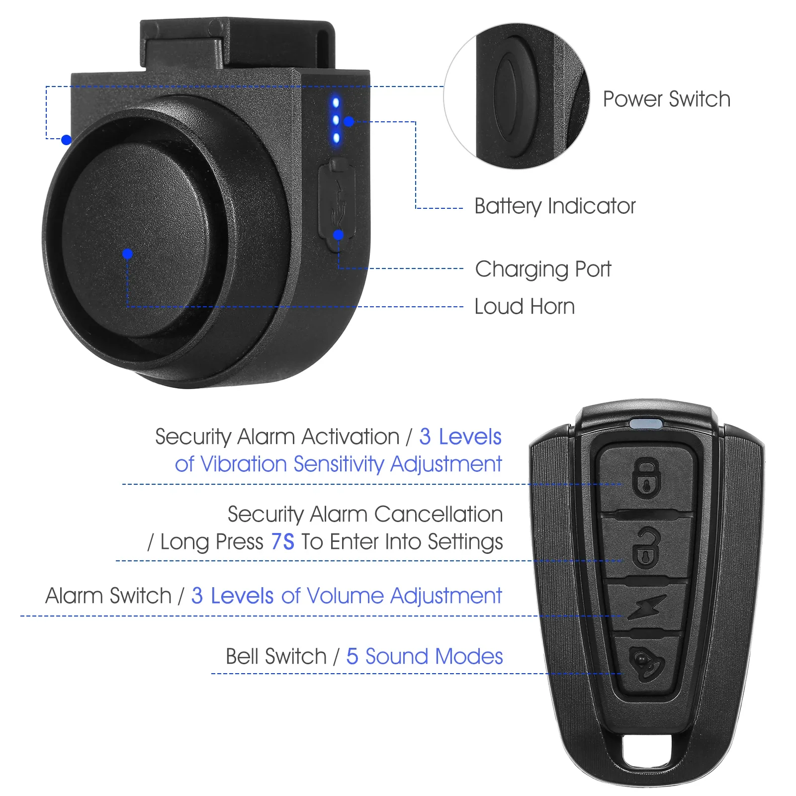 Wireless Bike Horn 115dB Loud Bicycle Anti-theft Horn IPX5 Bicycle Alarm Bell 5 Sound Modes 3 Vibration Sensitivity Adjustment