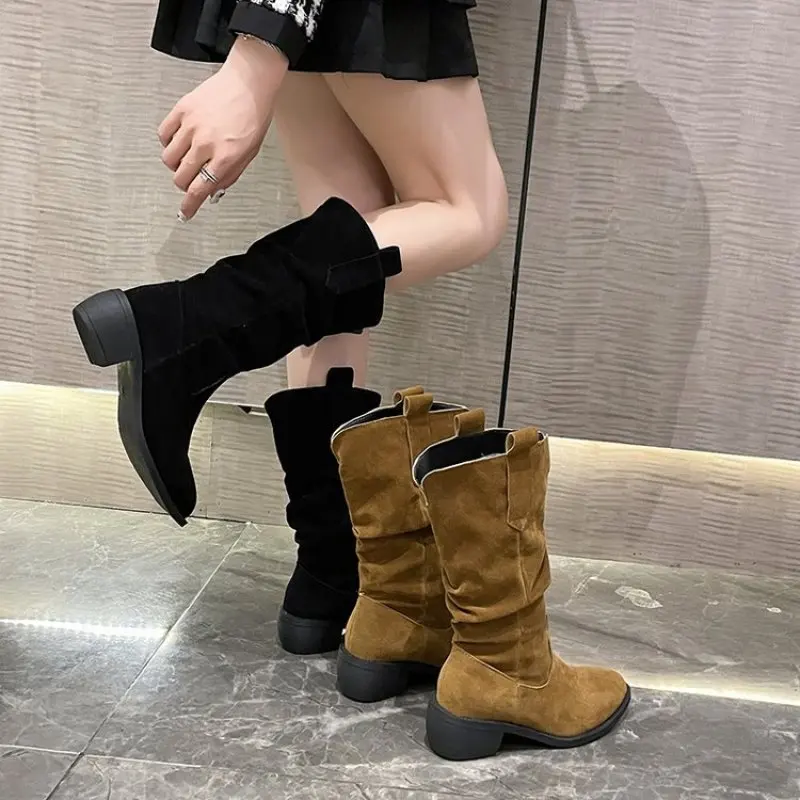 Natural Suede Embroidered Women Boots Leather Handmade Pointed Toe Spike Heel Autumn Winter Boots Cowboy New Western Retro Botas