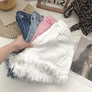 2024 High-Waisted Slimming Denim Shorts Fringed White Hot Pants Summer Style New Design Wide-Leg Cotton Pants For Women 1