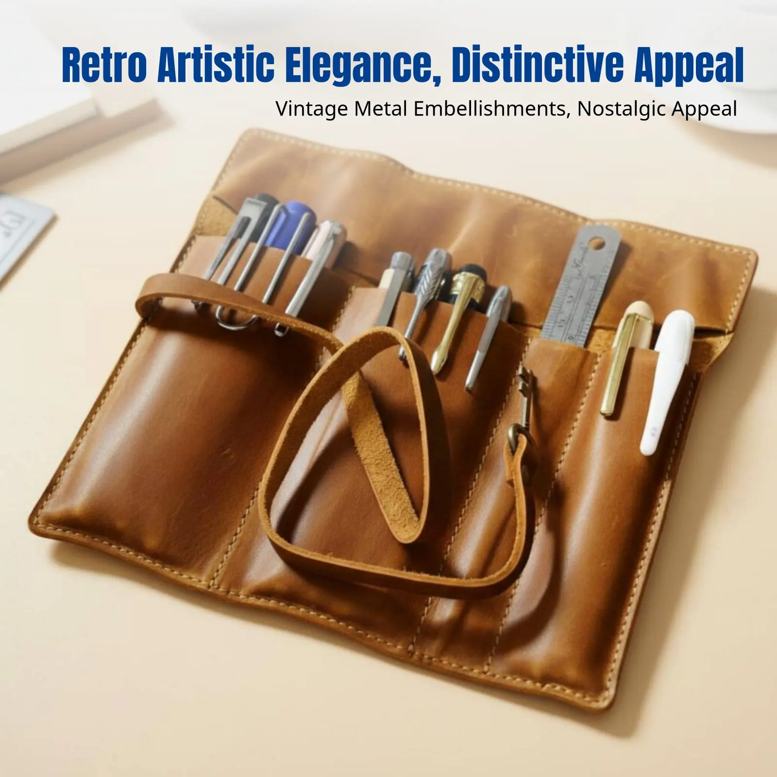 레트로 아티스틱 펜 롤, 천연 가죽, 프리미엄 소가죽, 다기능 오거나이저