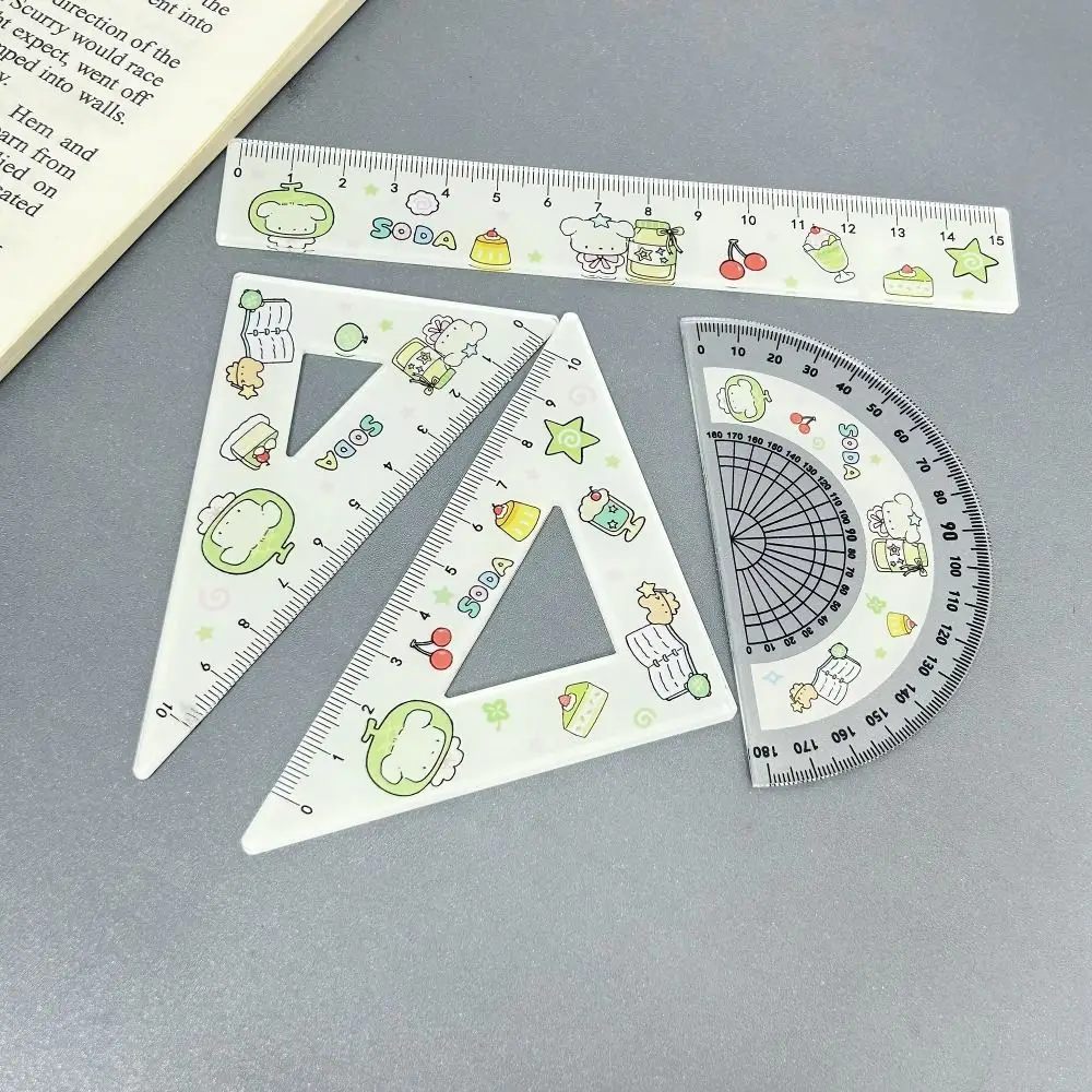 4pcs Kawaii 멜론 개 자 세트 수학 기하학 도구 측정 그리기 도구 직선 자 각도기 학교 사무실