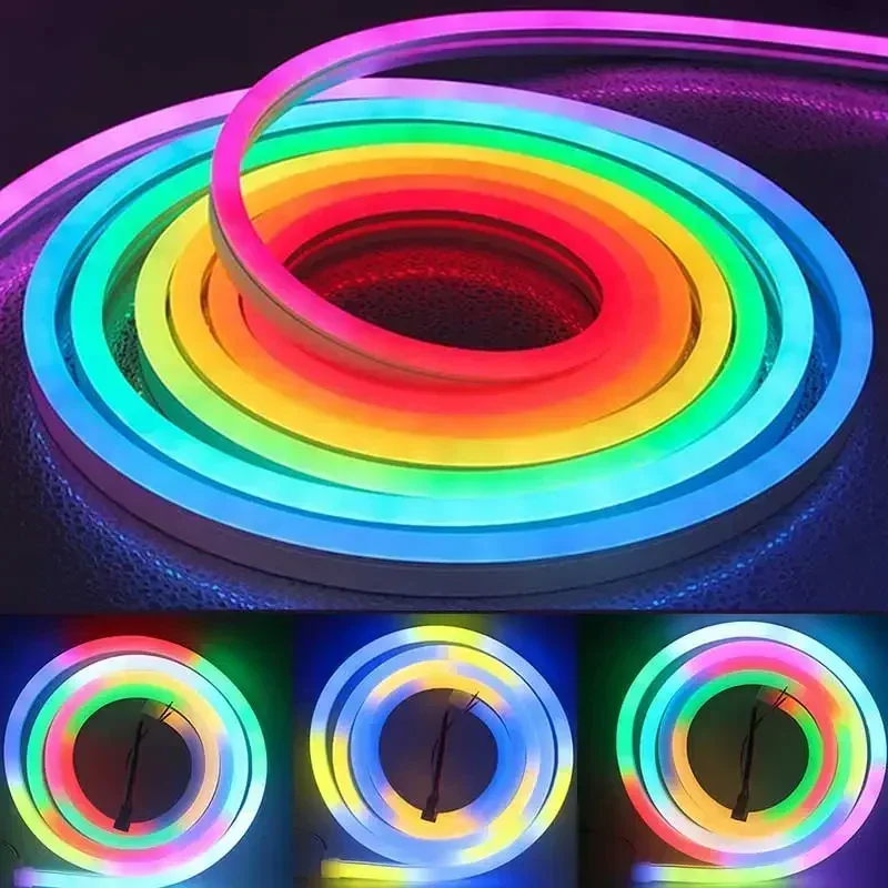 LED Strip Lights TUYA Neon Strip 5-24V Silicone Neon Rope 84LEDs/M Music Sync RGBIC Dreamcolor Chasing For Room