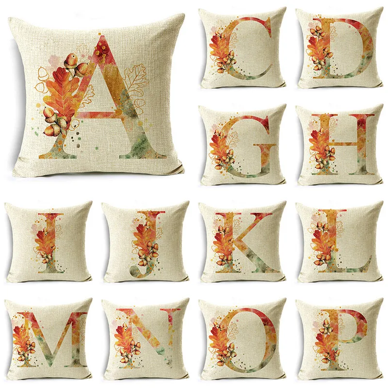 

WZH Floral Ornament Letters Print Pillowcase Sofa Decoration 40cm 45cm and 50cm Linen Alphabet Series Cushion Cover