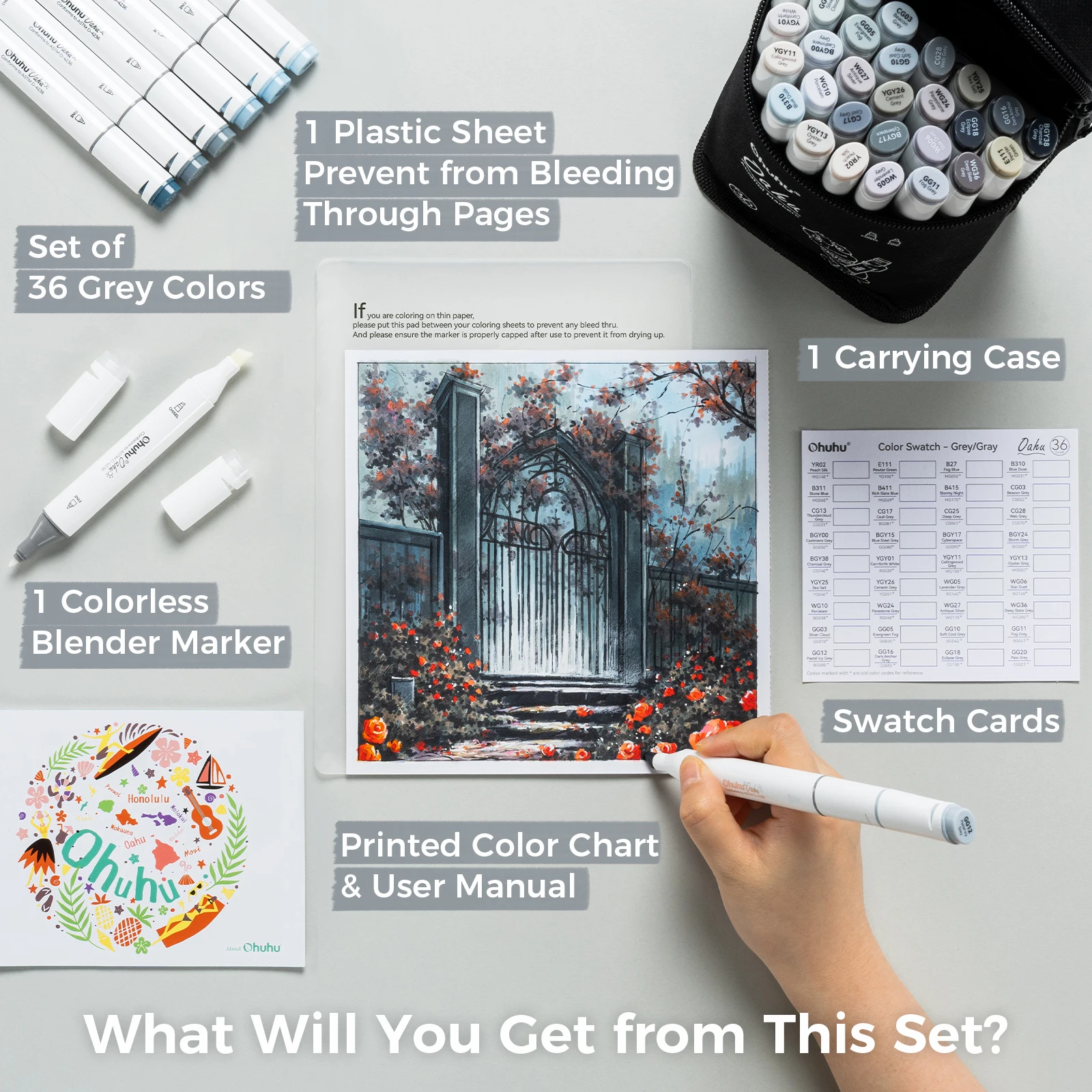 Pennarelli Ohuhu Oahu A Doppia Punta - 36 Colori Scala Di Grigi + 1 Frullatore, A Base Alcolica, Per Artisti