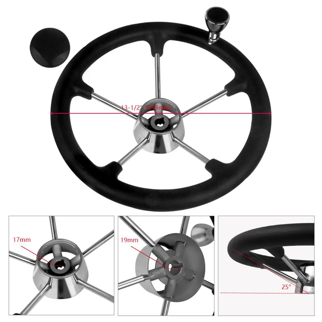 5 Spoke Boat Steering Wheel, 25 Degree Dish, Stainless Steel Steering
