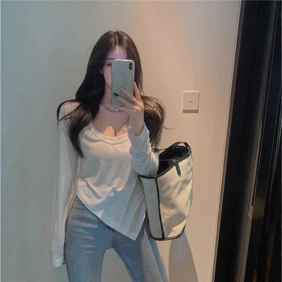 Women Deep V Neck Long Sleeve Slim Tshirt