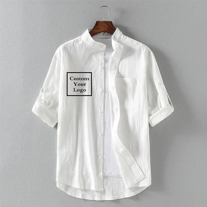 Custom Logo Summer Men's Linen Stand Collar Five Point Medium Sleeve Shirt Cotton Linen Loose Casual Shirts for Men Blouse Tops