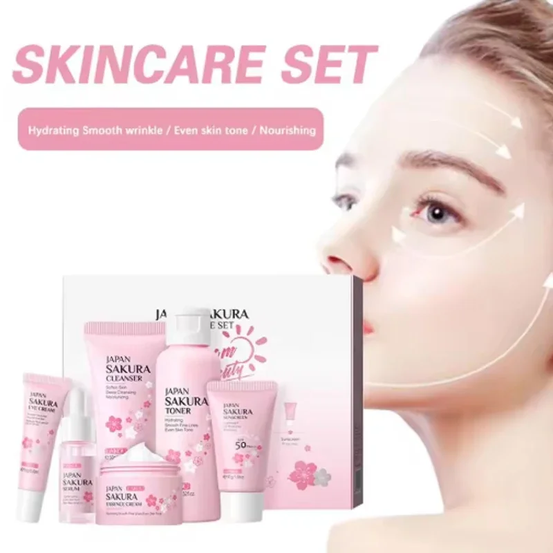 Sakura 6pcs Skin Care Set - Facial Cleanser Toner Serum Eye Cream Face Cream Sunscreen - Complete Facial Care Kit with Gift Box
