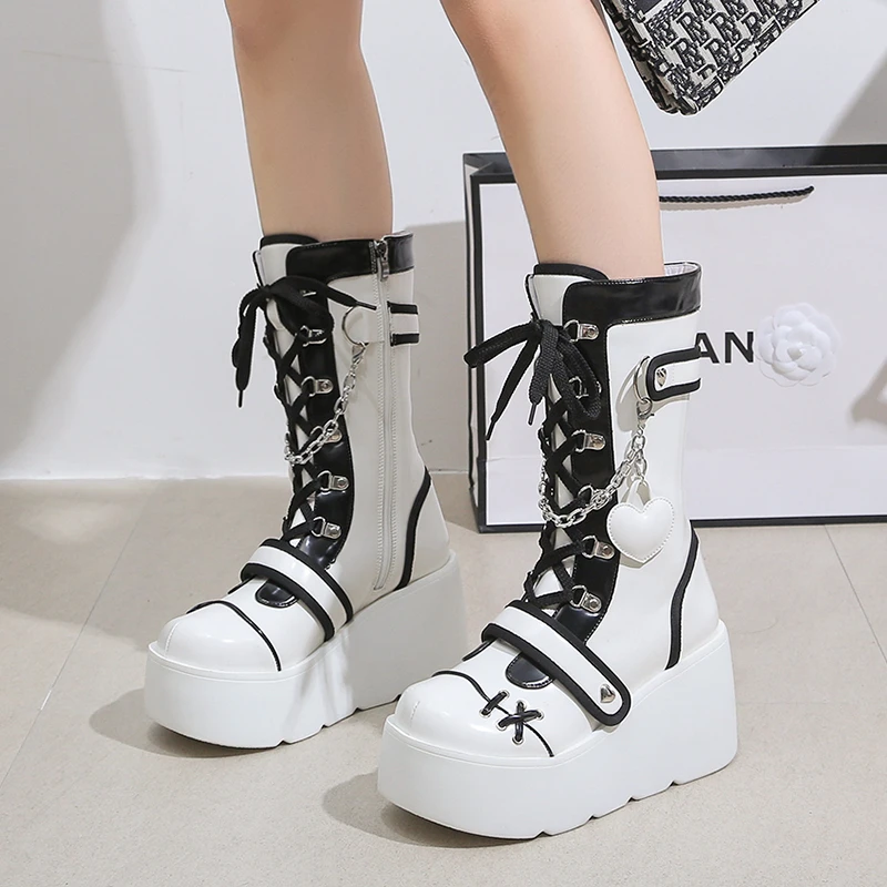 Platform Wedge Women's Boots Black and White Punk Gothic Style - true deals club