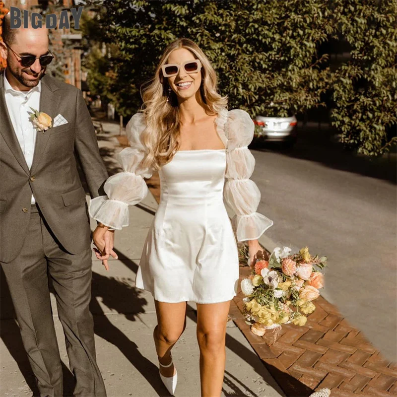 

Elegant Short Wedding Dresses Women 2024 White Open Back Long Puff Sleeve Square Collar Bridal Gown Above Knee Vestidos De Noiva