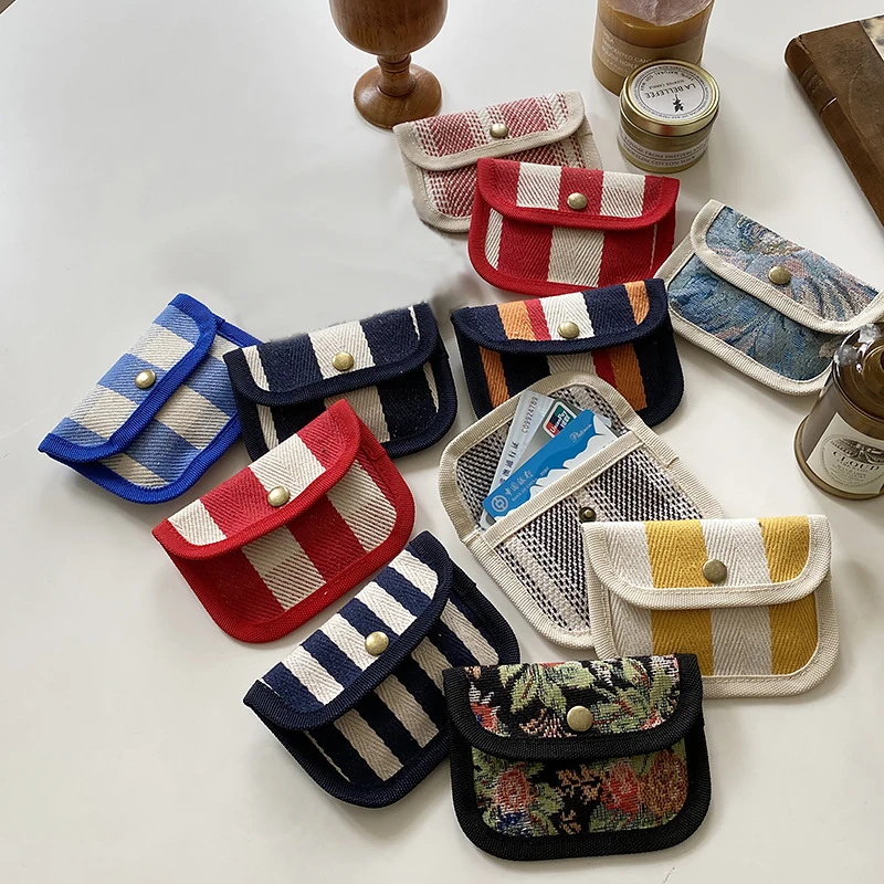 Canvas Hasp Credit Card Holder Wallet Women Men Small Striped Plaid Coin Bags Headphone Key Id Credit Card Cover Storage Bags