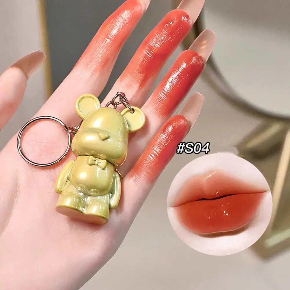 Mini Jelly Mirror Lipstick Bear-shaped Moisturizing Lip Gloss Non-stick Cup with Key Chain Long-lasting Lipstick Students