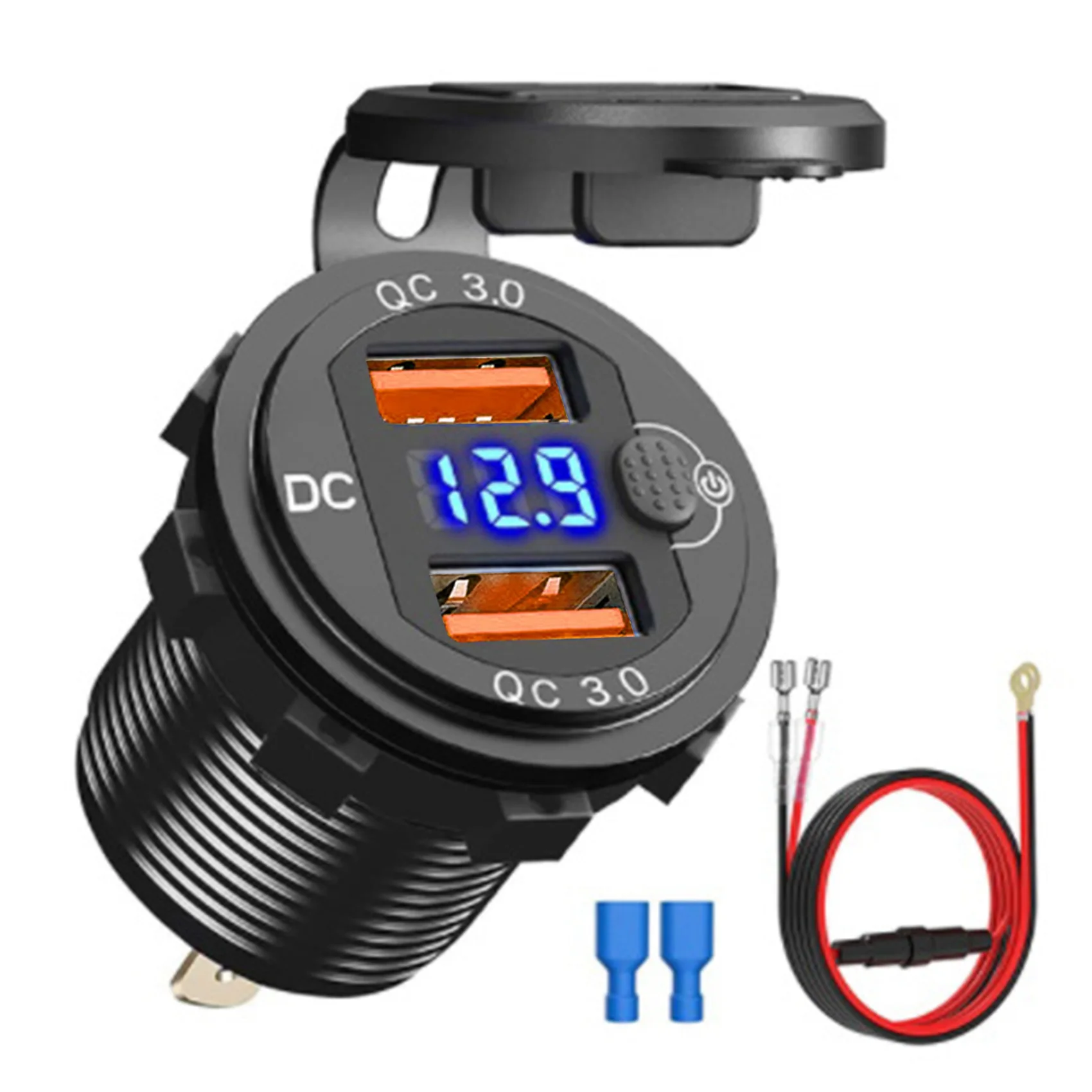 

QC3.0 Car Dual USB Port Charger Socket 12V/24V 36W Quick Charge with Voltmeter Switch for Marine Motorcycle Boat C