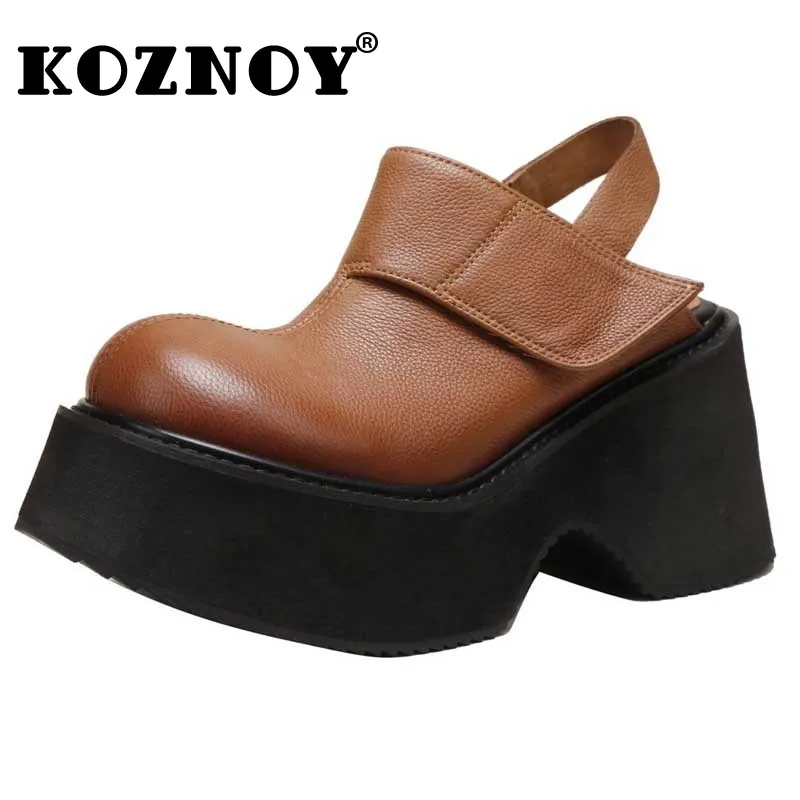 

Koznoy 9cm Ethnic Platform Wedge Shoes Spring Luxury Genuine Leather Summer Round Sandals Hook Slipper Mary Jane Ladies Women