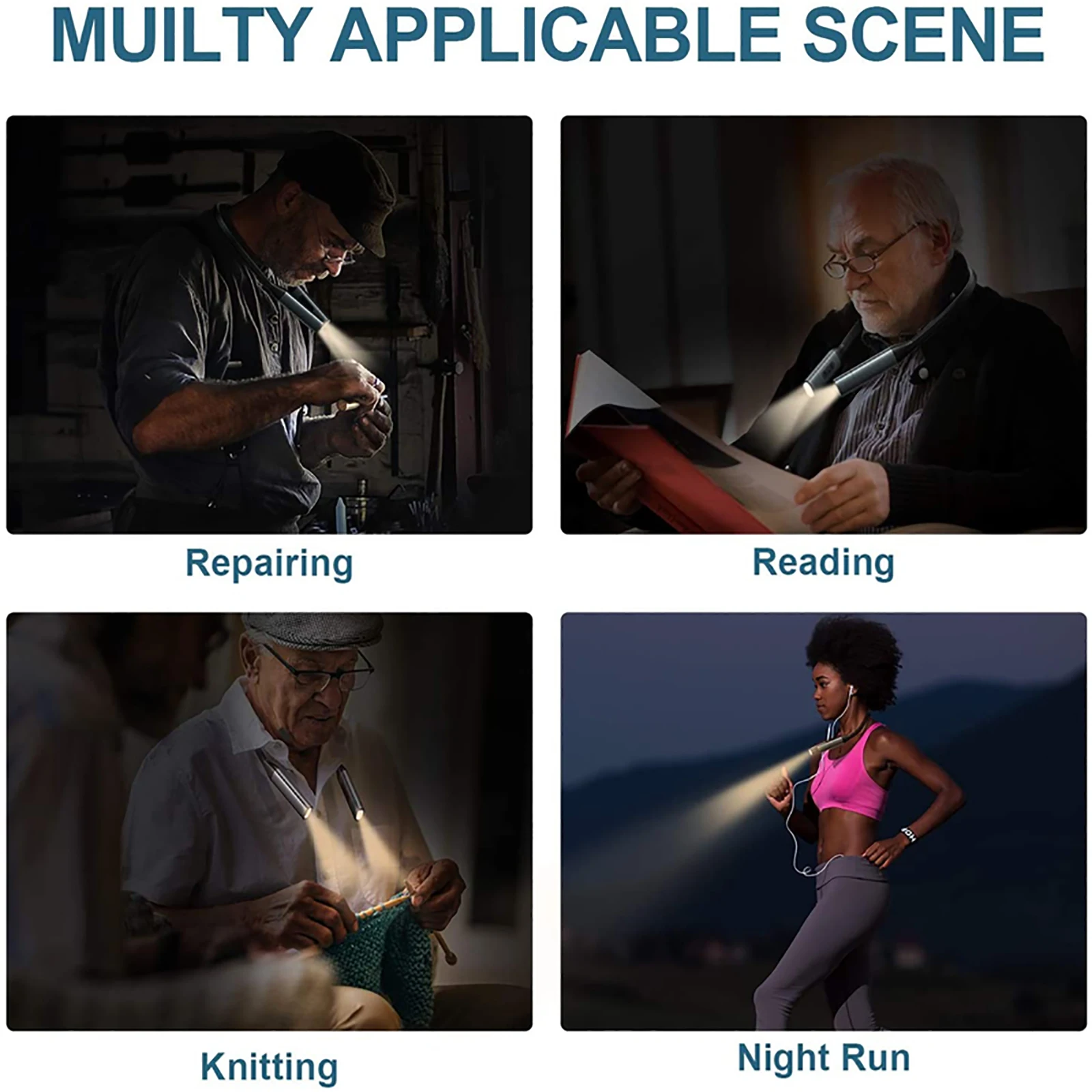 Rechargeable Hanging Neck Light Flexible Reading Light 3 Colors 8 LED Book for Reading Knitting Camping Repairing Running