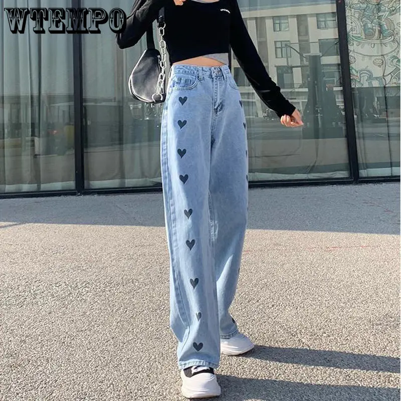 WTEMPO High Waist Jeans Female Loose Students Wide Legs Straight Long Pants Ladies Streetwear Chic Design Peach Heart