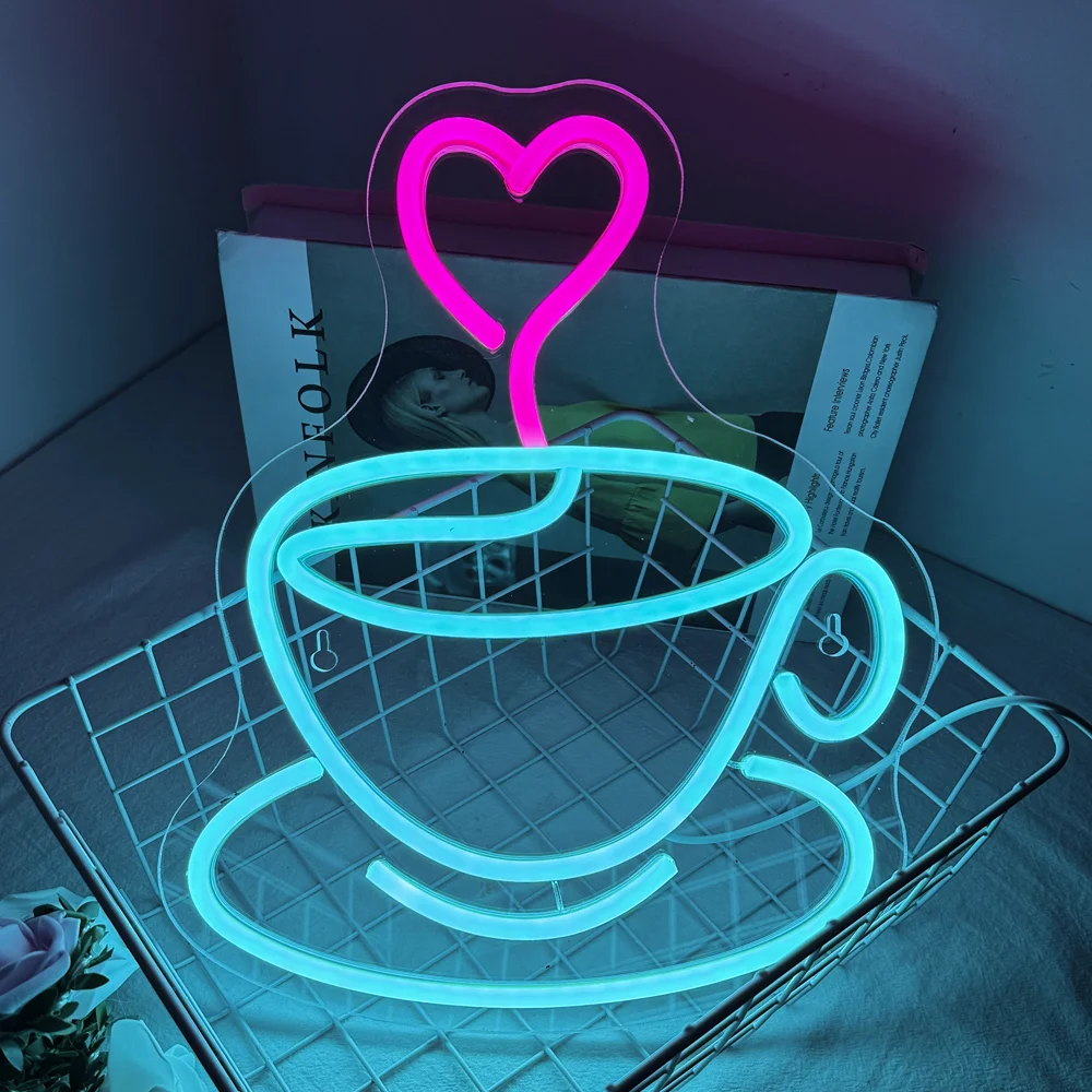 

Coffee Cup Neon Sign With Heart LED Lights Wall Decor Dimmable Hanging Wall Art Decor for Cafe Restaurant Shop Club Party Neon