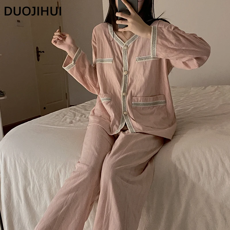 

DUOJIHUI Ins Sweet Spell Color Casual Home Pajamas for Women Autumn Basic Cardigan Loose Pant Simple Fashion Female Pajamas Set